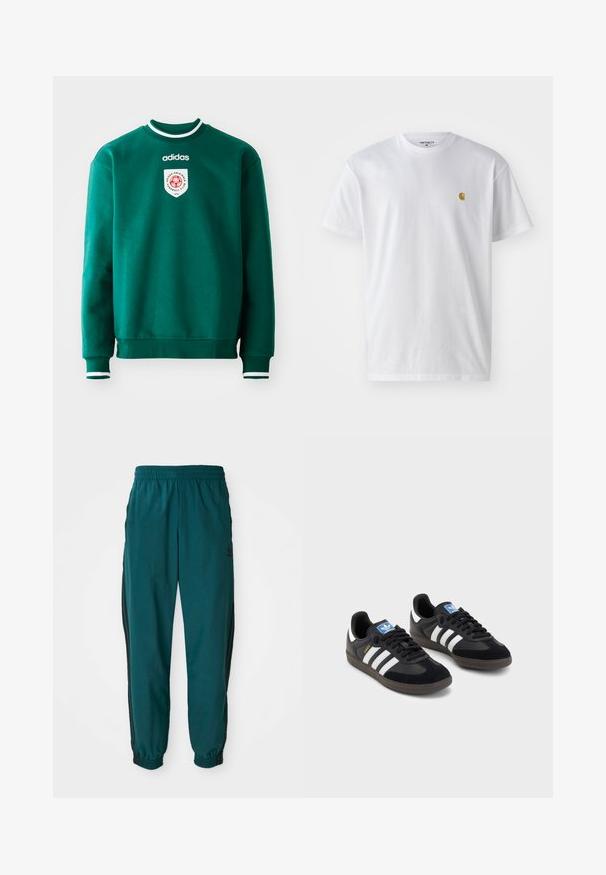 Žalias džemperis su apykakle, balti akcentai ant apykaklės ir rankovių, su apvaliu logotipu ant krūtinės. Pagamintas iš minkštos, tekstūruotos medžiagos.; Balta medvilnės marškinėliai su trumpomis rankovėmis, apvalia iškirpte, kuriuose kairėje krūtinės pusėje yra mažas auksinis logotipas. Minkšta tekstūra ir reguliari forma.; Žalios sportinės kelnės su raišteliu juosmenyje, elastiniais rankogaliais ir šoninėmis juodomis juostomis. Pagamintos iš lengvos medžiagos, su logotipu šalia klubų.; Juodi sportiniai bateliai su zomšos ir sintetine viršutine dalimi, turintys tris baltas juosteles, tekstūruotą gumos pado paviršių ir mėlyną logotipo etiketę ant liežuvėlio.