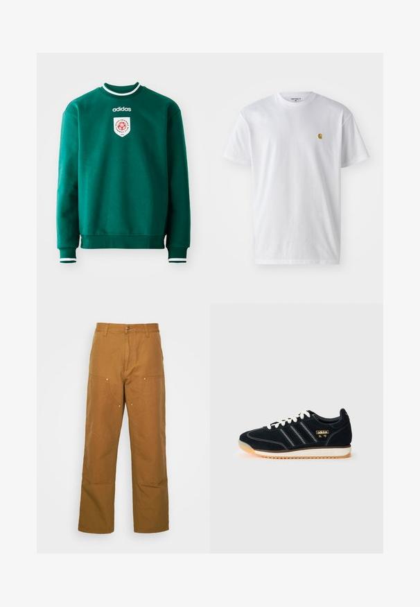 Zelena majica s dolgimi rokavi in okroglim izrezom, s belimi detajli na ovratniku in manšetah, z okroglim logotipom na prsih. Narejena iz mehke, teksturirane tkanine.; Bela bombažna majica s kratkimi rokavi, krožnim ovratnikom, z majhnim zlatim logotipom na levem prsnem predelu. Mehka tekstura in običajen kroj.; Brazdaste hlače iz bombaža z naravnim krojem in naravnim rezom, ki imajo sprednje žepe in kovinske dodatke za dodatno trdnost.; Črne semiš teniske z belimi vezalkami, tremi belimi črtami na strani, teksturiranimi dodatki in gumijastim podplatom z rahlim oranžnim odtenkom.