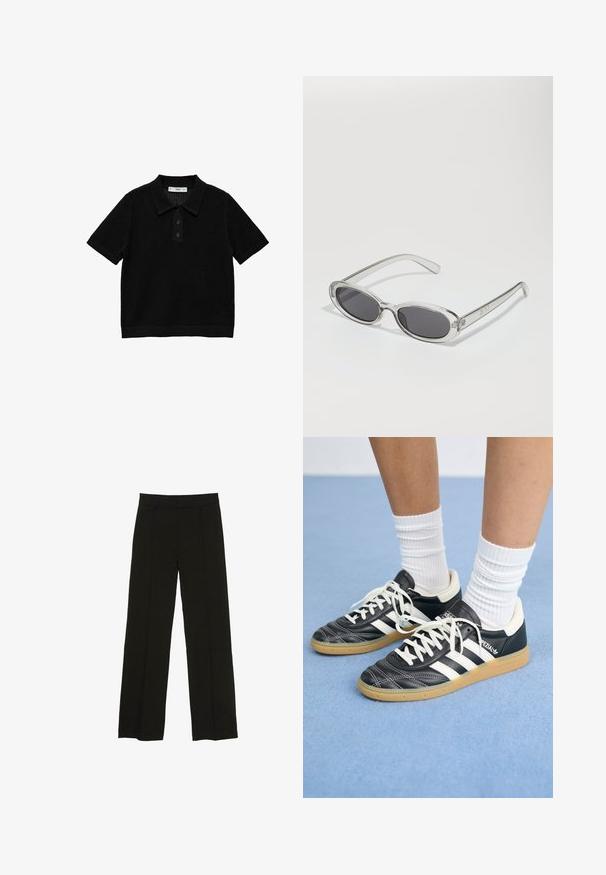 Černé polo tričko s krátkým rukávem, texturovaným pleteným vzorem, zapínáním na tři knoflíky a žebrovaným límcem a spodním lemem.; Černé široké kalhoty vyrobené z hladké tkaniny, s dobře padnoucím pasem a jemnými předními klíny pro zvýraznění textury.; Černé kožené tenisky s bílými pruhy, kulatou špičkou, bílými tkaničkami a gumovou podrážkou. Zvýrazněno polstrovaným límcem a detaily s logem.; Sluneční brýle s oválným tvarem, průhledným plastovým rámem, tmavě šedými skly a tenkými průhlednými stranami s akcenty loga a minimálními detaily.