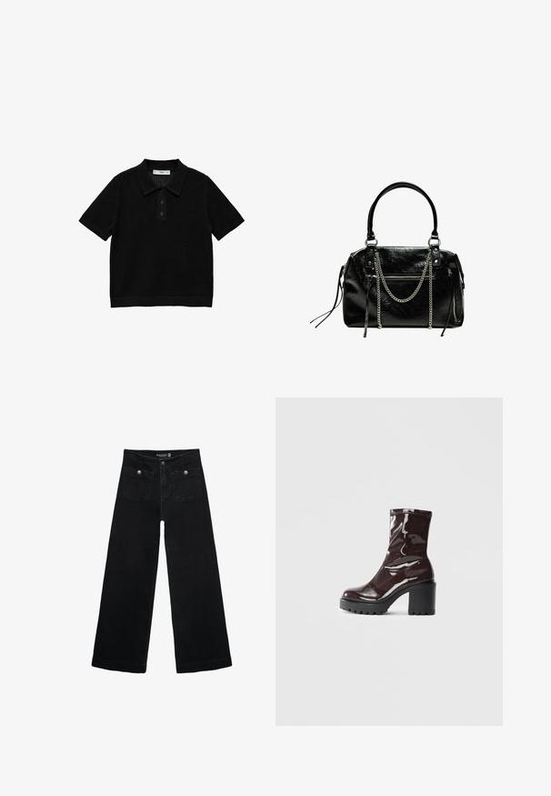 Čierna polo košeľa s krátkym rukávom, s textúrovaným pleteným vzorom, trojbodovým zapínaním a rebrovanými detailmi na golieriku a leme.; Čierne široké nohavice s vysokým pásom, s dvoma prednými vreckami a kovovými detailmi na gombíku. Tkanina má hladkú textúru.; Lesklé burgundské kotníkové boty s robustním černým podpatkem, s hladkou strukturou a jednoduchým designem. Bez viditelných zapínání nebo vzorů.; Bershka WITH CHAIN - Kabelka - black