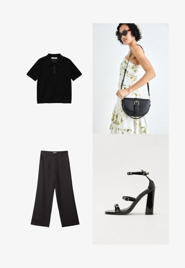 Musta lyhythihainen polo-paita, jossa on teksturoitu neulekuvio, kolme nappia ja ribbaus kauluksessa sekä helmassa.; Mustat leveälahkeiset housut, jotka on valmistettu sileästä kankaasta. Niissä on edessä vetoketju ja kaksi sivutaskua, ja niiden muotoilu on räätälöity ja minimalistinen.; Musta kiiltävä korkokenkä sandaalit neliönmuotoisella varpaalla, nilkkaremmillä ja hopeisilla soljilla. Varustettu tukevalla lohkokorkealla vakauden takaamiseksi.; Musta nahkainen käsilaukku, joka on kaareva muotoilultaan, irrotettavalla hihnalla ja kultaisilla yksityiskohdilla. Laukussa on läppä, jossa on solk yksityiskohta.