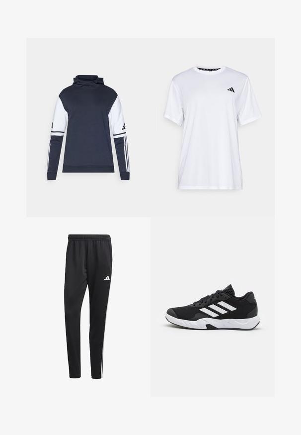 Felpa navy con maniche bianche, colletto alto e design a tre strisce sulle braccia. Realizzata in tessuto morbido, presenta una vestibilità libera.; Maglietta sportiva bianca a maniche corte, realizzata in tessuto traspirante. Presenta un logo nero sul lato sinistro del petto e un collo interno a fantasia.; Pantaloni sportivi neri con una cintura elastica, strisce laterali bianche e un piccolo logo bianco sulla coscia. Realizzati in un materiale liscio e leggero.; Scarpe da ginnastica nere con una tomaia in mesh texturizzata, strisce bianche di accento, suola imbottita e tallone rinforzato per supporto.