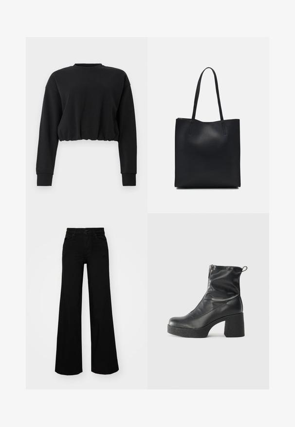 Fekete rövidített pulóver, puha szövetből készült. Hosszú ujjakkal, kerek nyakkivágással és laza fazonú, összehúzott aljjal rendelkezik. Egyszerű dizájn.; Fekete, bő szárú farmernadrág, amelynek állítható derékrésze van, övhurkokkal és elülső zsebekkel. Simaság jellemzi, klasszikus dizájnnal.; Fekete bokacsizmák sima bőrből, oldalsó cipzárral, vastag, texturált sarkú és lekerekített orrú dizájnnal.; Fekete bőrtáska sima felszínnel, téglalap alakú, két hosszú füllel. Nincs látható fémkiegészítő vagy díszítés.