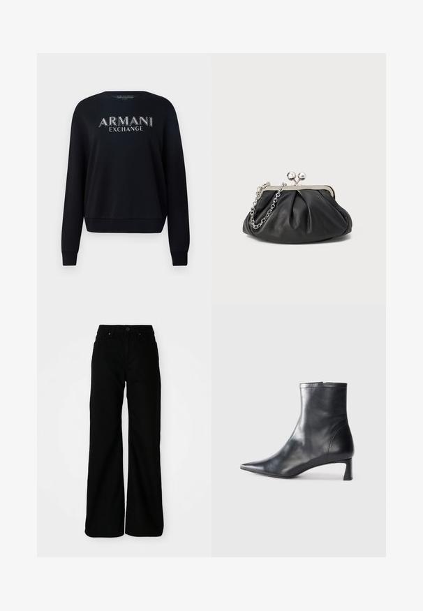 Sweatshirt preto com decote arredondado, mangas longas e punhos canelados. Logótipo "ARMANI EXCHANGE" em prata na frente. Material de algodão macio.; Calças largas pretas feitas de tecido de denim. Apresenta uma cintura ajustada, bolsos dianteiros e um fecho de botão. Textura suave com mínimos detalhes.; Bota de tornozelo em pele preta com biqueira apontada e um design elegante. Apresenta um salto baixo e um fecho com zipper na parte de trás. Textura suave.; Clutch de pele preta com textura franzida, estrutura em metal prateado, fecho tipo kiss-lock e alça de corrente. Superfície lisa e suave.