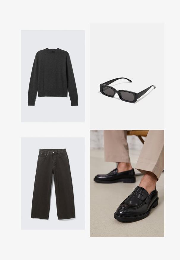 Suéter de punto gris oscuro con cuello redondo, puños acanalados y dobladillo. La tela tiene una textura suave y presenta un diseño de ajuste holgado.; Los vaqueros de mezclilla negros de pierna ancha cuentan con una cintura alta, diseño de cinco bolsillos y un cierre de botones. La tela tiene un acabado suave y texturizado.; Mocasines de cuero negro con un acabado suave, que cuentan con una correa decorativa y costuras en contraste, combinados con pantalones beiges.; Gafas de sol rectangulares negras con lentes oscuros, acabado brillante, patillas anchas y un diseño de marco robusto. Nombre de la marca grabado en una de las patillas.