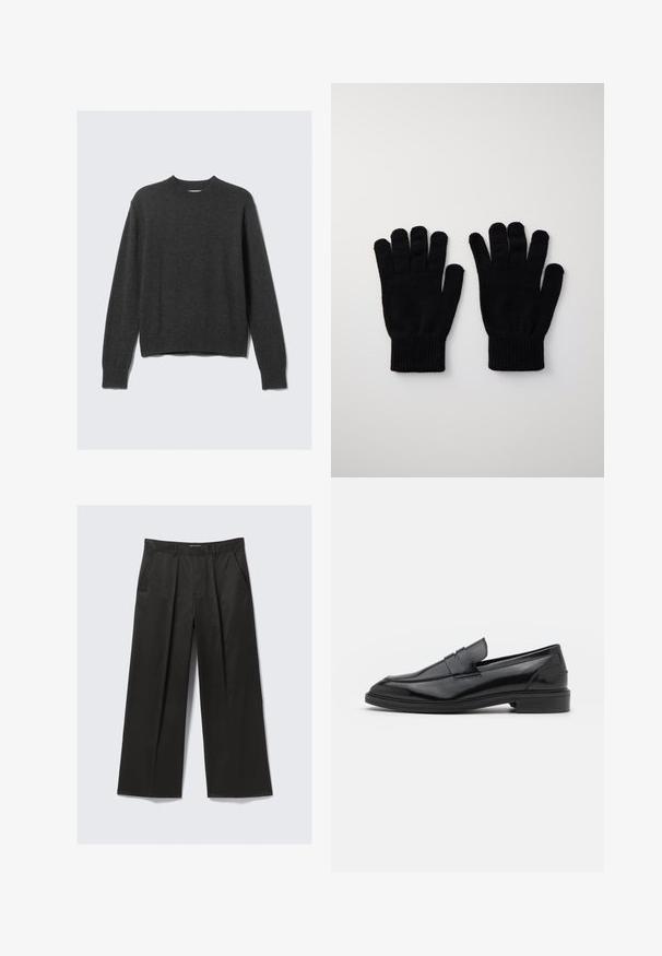 Pull en tricot gris foncé avec un col rond, des poignets et un ourlet côtelés. Le tissu a une texture lisse et présente un design à coupe décontractée.; Pantalons larges noirs avec une texture lisse, dotés de deux poches avant et d'une taille légèrement rehaussée.; Mocassins en cuir noir avec une finition lisse, dotés d'un bout arrondi et d'une bande étroite sur le dessus. Talon bas empilé.; Gants en tricot noir avec ouvertures pour les doigts et poignets côtelés. Texture lisse, taille standard et design simple. Idéal pour les temps froids.