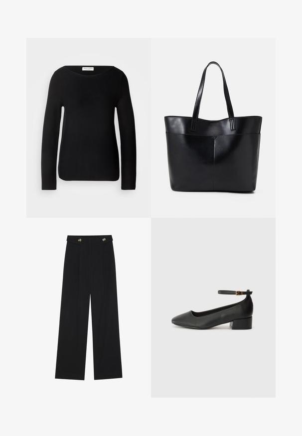 Top tricotat negru cu mânecă lungă și decolteu rotund. Textură fină și design ajustat, având un eticheta de marcă subtilă la gât.; Pantaloni negri cu picioare largi, talie înaltă, detalii cu butoane pe talie și pliseuri în față.; Pantof cu toc negru din piele, cu vârf ascuțit și toc mic pătrat. Dispune de o curea la gleznă cu o cataramă în tonuri de aur. Textură netedă.; Geantă oversized din piele neagră, cu două mânere lungi, de textură netedă și formă structurată. Are un buzunar frontal pentru stocare suplimentară.