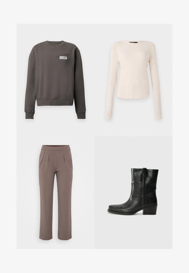 Hanorac gri dintr-un material moale, cu guler rotund, mâneci lungi și un buzunar pe piept prevăzut cu un detaliu etichetă alb-negru.; Top cu mânecă lungă, de culoare bej deschis, cu decolteu rotund. Realizat dintr-un material moale, prezintă o cusătură centrală și un tiv ușor curbat. Fără elemente de prindere vizibile.; Pantaloni bej cu croi lejer, talie elastică și pliuri frontale, confecționați dintr-un material neted.; Botine din piele neagră, cu vârf rotund, toc pătrat, fermoar pe lateral și accente de cusături pe partea superioară. Textură netedă, design clasic.