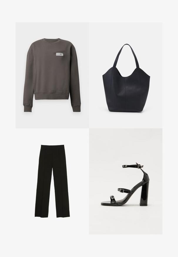 Szara bluza z miękkiego materiału, z okrągłym dekoltem, długimi rękawami oraz kieszenią na piersi z detalem w postaci czarno-białej metki.; Czarne spodnie szerokie na nogawkach wykonane z gładkiego materiału, z dopasowanym paskiem w talii i subtelnymi fałdami z przodu, które dodają tekstury.; Czarne lakierowane sandały na obcasie z kwadratowym noskiem, z paskami wokół kostki i srebrnymi klamrami. Posiadają masywny słupek dla stabilności.; Czarna torba na ramię wykonana z gładkiej skóry, z zaokrąglonym, otwartym topem i dwoma paskami na ramię oraz minimalistycznym designem.