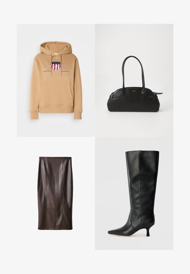 Bluza z kapturem w kolorze jasnobrązowym, z przednią kieszenią, ściągaczami na rękawach oraz logiem w czerwonych i niebieskich akcentach. Wykonana z miękkiej mieszanki bawełny.; Brąskowy skórzany ołówkowy spódniczka o gładkiej fakturze, sięgająca do kolan, z pionowymi szwami w celu podkreślenia designu. Brak dodatkowych elementów lub akcentów.; Czarne skórzane kozaki do kolan z ostrym noskiem, eleganckim designem i zwężającym się obcasem o wysokości 3 cali. Posiadają złoty akcent z tyłu.; Czarna skórzana torebka o zaokrąglonym kształcie, z dwoma długimi uchwytami, złotymi akcesoriami i małą zawieszką. Zamek błyskawiczny u góry.