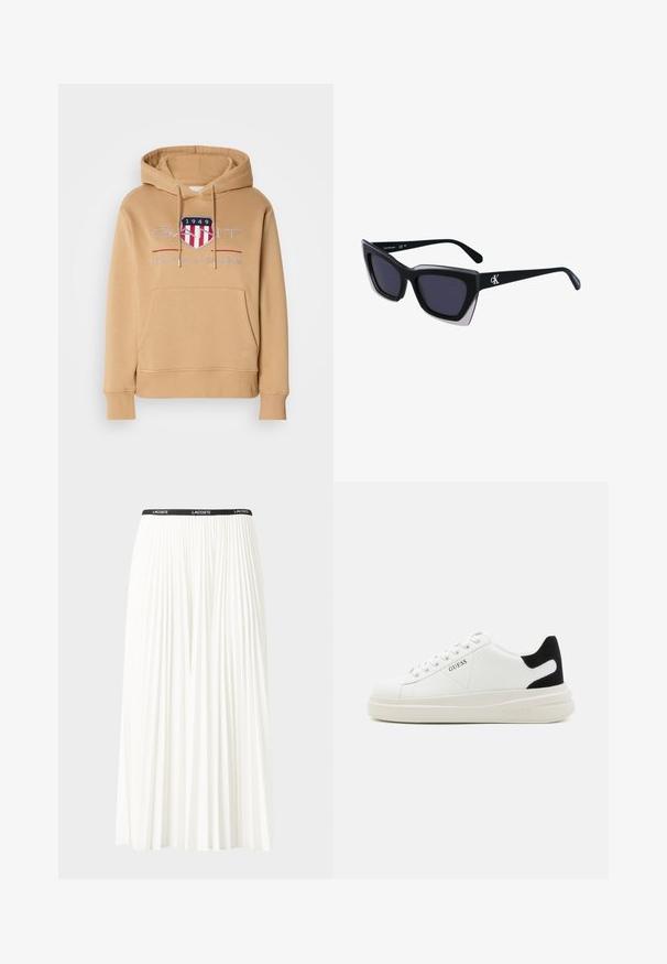 Kapuzensweatshirt in Beige, mit einer Fronttasche, gerippten Bündchen und einem Logo mit roten und blauen Akzenten. Aus weichem Baumwollmischgewebe.; Faltenrock aus Weiß mit einem schwarzen elastischen Bund, der das "LACOSTE"-Logo trägt. Mittellanges Design mit weicher Textur.; Weiße Leder-Sneaker mit einer dicken weißen Sohle, schwarzem Wildlederakzent an der Ferse und geprägtem Logo an der Seite. Schnürdesign mit sechs Ösen.; Schwarze übergroße Sonnenbrille mit geometrischer Form, ausgestattet mit dunklen Gläsern und einem kontrastierenden grauen Detail im Rahmen. Logo am Bügel.