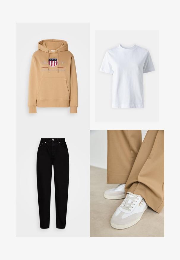 Hoodie v béžovej farbe s predným vreckom, rebrovanými manžetami a logom s červenými a modrými akcentmi. Mäkký materiál z bavlnenej zmesi.; Biely bavlnený tričko s okrúhlym výstrihom, krátkymi rukávmi, rovný strih a hladkou textúrou. Bez vzorov alebo ozdôb.; Čierne džínsy s vysokým pásom a rovnými nohavicami, so zapínaním na prednej strane, piatimi vreckami a pútkami na opasok, vystavené na bielom pozadí.; Biele tenisky s semišovými akcentmi, textúrovanými šnúrkami a gumovou podrážkou. V páre s voľnými béžovými nohavicami. Logo zobrazené na boku.