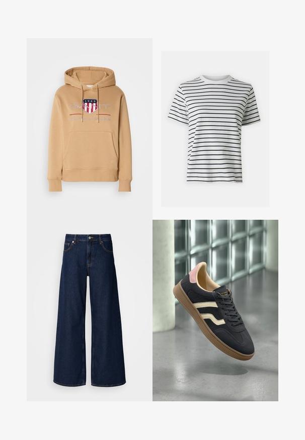 Kapišonas megztinis smėlinės spalvos, su priekinėmis kišenėmis, giliai raštuotais rankogaliais ir logotipu raudonais bei mėlynais akcentais. Minkšta medvilnės mišinio medžiaga.; Balta medvilninė marškinė su horizontaliomis juodomis juostelėmis, trumpomis rankovėmis ir apvaliu iškirpimu. Lygus paviršius su laisva forma.; Plati, tamsiai mėlyni džinsai su aukštu liemeniu, priekiniu kišenėmis ir mygtuko uždarymu. Yra kontrastingi siūlai ir lygus paviršius.; Tamsiai mėlyni odiniai sportbačiai su grietinėlės spalvos juostelėmis, rožinėmis detalėmis ant kulno ir tekstūruota tan spalvos guma. Klasikinis žemas dizainas.