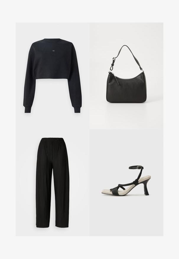 Sudadera negra recortada con mangas largas, cuello redondo y un pequeño logo en el pecho. La tela tiene una textura suave.; Pantalones anchos de pierna amplia, de color negro, con una cintura elástica. La tela presenta pliegues verticales y una textura suave.; Sanda¡ía de tacón negro con diseño de tira trenzada, punta cuadrada y correa ajustable en el tobillo. Plantilla de color beige claro con un tacón negro brillante.; Bolso de mano de cuero negro con forma curvada, una sola correa, cierre de cremallera y marcas sutiles en la parte frontal. Textura suave, diseño minimalista.