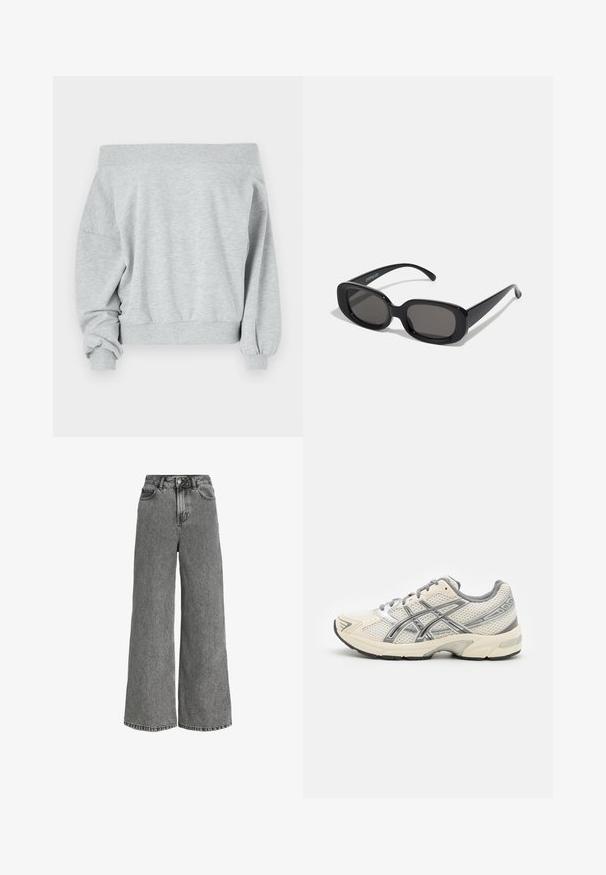 Even&Odd Mikina - mottled light grey; Bílý pletený svetr s dlouhým rukávem, květinovým vzorem a asymetrickým spodním lemem.; Džíny s širokými nohavicemi vyrobené ze šedého denim, s vysokým pasem, standardními kapsami a jemným vybledlým vzorem. Spodní okraj má surové zakončení.; Běžecké boty s prodyšným bílým síťovinovým svrškem, stříbrnými detaily, šedými tkaničkami a odolnou černou gumovou podrážkou. Lehký, polstrovaný design.; Černé obdélníkové sluneční brýle s tmavými skly. Silný plastový rámeček, hladký povrch a zaoblené hrany. Stylové stranice vycházejí ven.