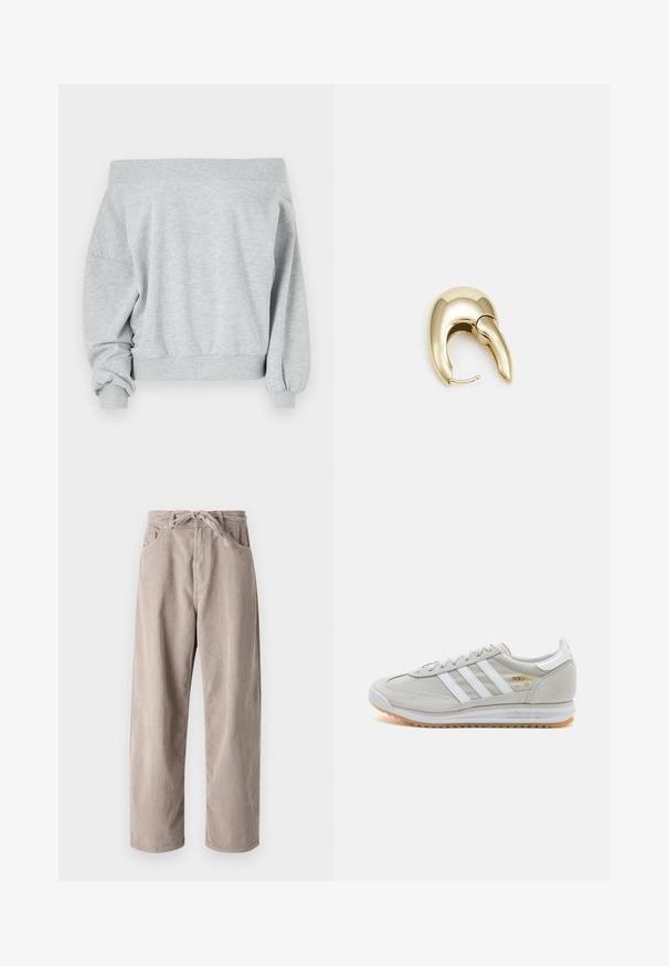 Even&Odd Sweatshirt - mottled light grey; Beige corduroy trousers with a loose fit, featuring a drawstring waist, two front pockets, and vertical ribbed texture.; Light grey sneaker made of suede and mesh, featuring three white stripes, round toe, and a gum rubber sole. Gold logo accent near laces.; Gold-tone metal earring with a sleek, curved design. Features a distinctive pointed shape, polished surface, and hinge closure.