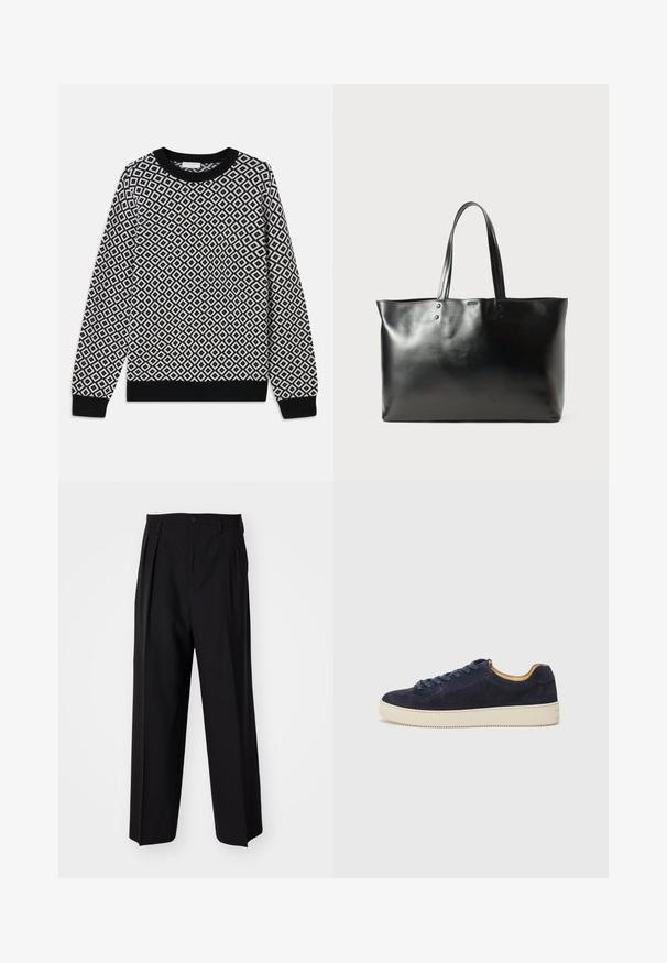 Black and white knitted sweater featuring a diamond pattern, round neckline, and ribbed cuffs and hem. Designed with long sleeves.; Black pleated trousers with a straight, wide-leg design. Made from smooth fabric, featuring a button closure and belt loops.; Navy suede low-top sneaker with rounded toe, off-white rubber sole, and matching laces; features a contrasting tan interior lining.; Black smooth leather tote bag with two shoulder straps, rectangular shape, and subtle stitching detail on a white background.