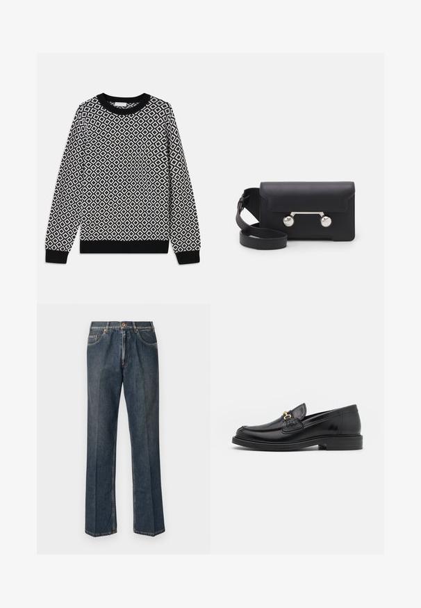 Juodas ir baltas megztas sportinis džemperis su deimantų raštu, apvaliu iškirpimu ir surišamais rankogaliais bei apačia. Sukurtas su ilgomis rankovėmis.; Tamsiai mėlynos tiesios kojos džinsai su priekiniais mygtukais, užtrauktuku, dviem priekinėmis kišenėmis ir matomomis vertikaliomis raukšlėmis nuo kelnių šonų.; Juodos odinės loafer tipo bateliai su apvaliuku, su auksinėmis detalėmis ir siuvinėjimo akcentais, įrengti ant žemos, tekstūruotos gumos pado.; Juodas odinis kryžminis krepšys su sklendės uždarymu, sidabro spalvos detalėmis ir dviem apvaliais akcentais. Yra nusiimamas diržas. Lygus paviršius.