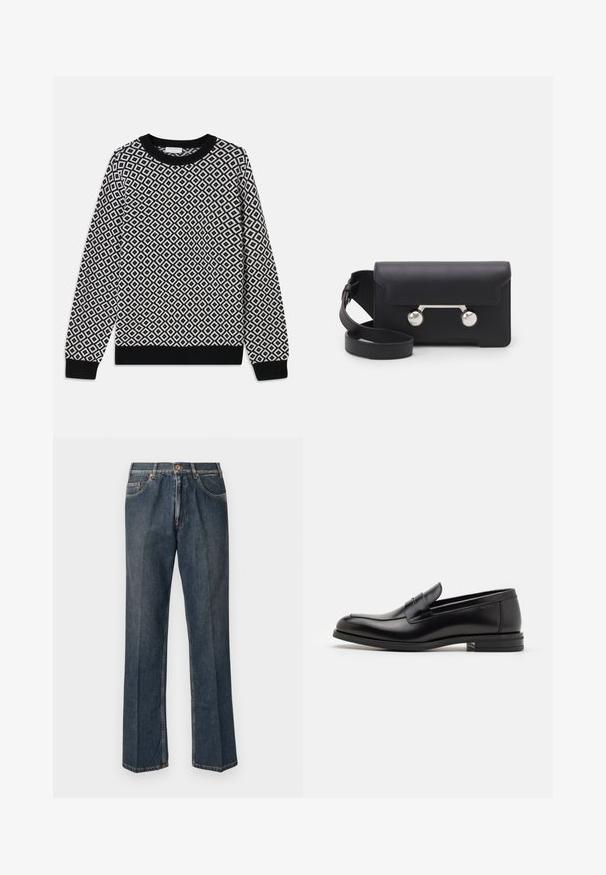 Melnbalts adīts džemperis ar rombu rakstu, apaļu dekoltē, ribotām aprocēm un apakšmalu. Projektēts ar garām piedurknēm.; Tumši zili taisni džinsi ar priekšējo pogu, rāvējslēdzēju, dubultajām priekšējām kabatām un redzamām vertikālām krokām pa kājām.; Melnas ādas kurpes ar gludu tekstūru, noapaļu purngalu un dekoratīvu siksniņu pāri priekšpusei. Zems sakrauts papēdis, minimālisma dizains.; Melna ādas crossbody soma ar atloku aizdari, sudraba toņu aparatūru un divām apaļām detaļām. Iespējams noņemt siksnu. Gluda tekstūra.