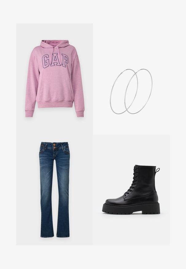 GAP HERITAGE - Ikdienas džemperis - plush lilac; Tumši zili bootcut džinsi ar diviem priekšējiem pogām, piecām kabatām un maigu izbalēšanu uz gurniem un ceļgaliem.; Melni ādas potītēm zābaki ar apļveida purngalu, auklām priekšpusē un biezu gumijas zoli ar teksturētu protektoru. Velkšanas cilpa aizmugurē.; Sudraba gredzenveida auskari ar minimālistisku dizainu. Cirkulāra forma, gluda tekstūra un plāns profils. Vieglu svaru ar spīdīgu apdari.
