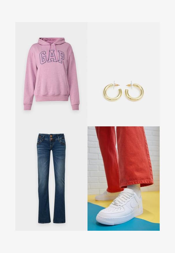 GAP HERITAGE - Sweatshirt - plush lilac; Dark blue bootcut jeans with two front buttons, five pockets, and subtle fading on thighs and knees.; White leather sneaker with perforated toe box, textured sole, and white laces, paired with wide red pants and a blue and yellow background.; Gold hoop earrings with a smooth, shiny finish. Circular design featuring a small post and clear backing for secure wear.
