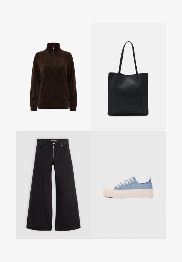 Pruunilt šenillpullover kõrge kaelusega ja poolsiidiga. Omab soonikut tekstuuri ja pikki varrukaid, ideaalne igapäevaseks kandmiseks.; Laiad teksad mustast denimist, millel on lukuga eesmine osa, viie taskuga disain ja peened õmblusdetailid. Sile tekstuur ja juhuslik stiil.; Heledad sinised kangast tennisekingad koorevärvi kummist varbakatte ja taldaga, millel on valged paelad ja tõmblukk kandadel.; Mustast nahast kott sujuva tekstuuriga, ristkülikukujuline ja kahe pika sangaga. Pole nähtavat riistvara ega kaunistusi.