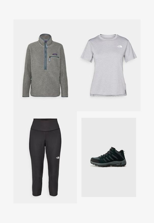 Patagonia RETRO MARSUPIAL - Polárpulóver - salt grey/light plume grey; Szürke, rövid ujjú póló, puha, nedvességet elvezető anyagból készült. Kerek nyakú, és egy kis fehér logó található a bal felső részen.; Fekete capri leggings, rugalmas anyagból készült, magas derékkal és egy kis fehér logóval a bal oldalon. Sima tapintású.; Columbia REDMOND - Túracipők - black/citron haze