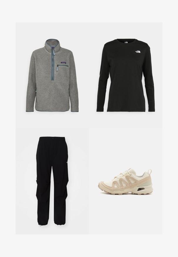 Patagonia RETRO MARSUPIAL - Polárpulóver - salt grey/light plume grey; Fekete, hosszú ujjú póló pamutból, kerek nyakkal. A bal mellrészen egy kis fehér logó található. Egyszerű dizájn és szabás.; Fekete kültéri nadrág, tartós anyagból készült, laza fitnesz, rugalmas derékpánttal és állítható hosszúságú, behúzható szárakkal rendelkezik.; Beige és krém színű sportcipő, texturált hálós felsőrésszel, támogató burkolattal és gumitalppal, amely tapadás érdekében bordázott mintázattal rendelkezik.