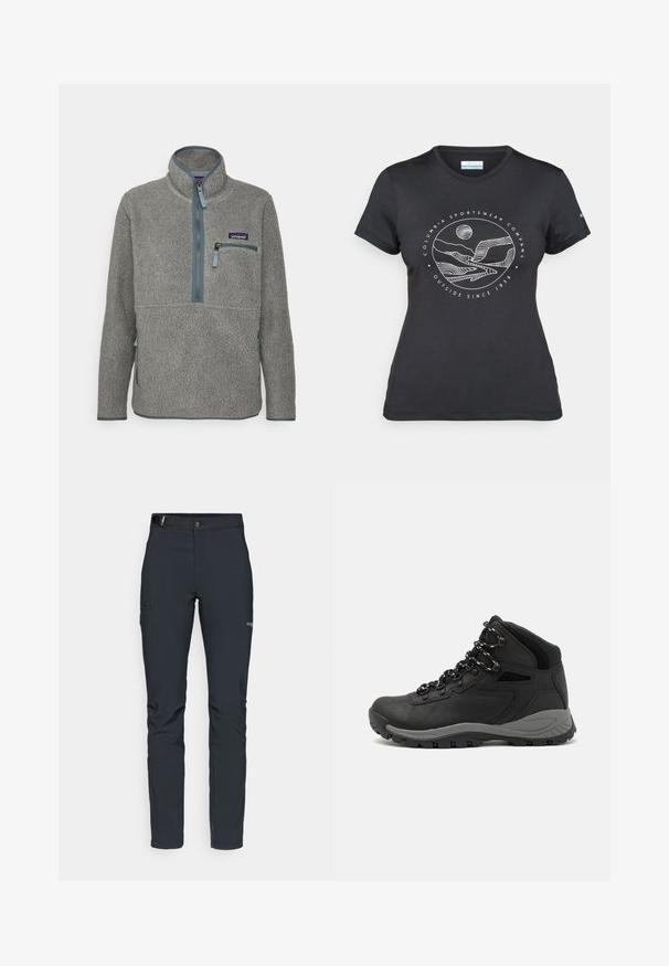 Patagonia RETRO MARSUPIAL - Camisola de lã polar - salt grey/light plume grey; T-shirt preto da Columbia com arte em linha branca circular representando montanhas e rios, e o texto "Columbia Sportswear Company Outside Since 1938."; Calças de exterior para homens, cinza escuro, feitas de material flexível, com cinto, bolsos com fecho éclair e costuras reforçadas.; Bota de caminhada preta com design de cano médio, apresentando um upper texturizado, detalhes cinzentos e sola de borracha durável com cravos de tração.