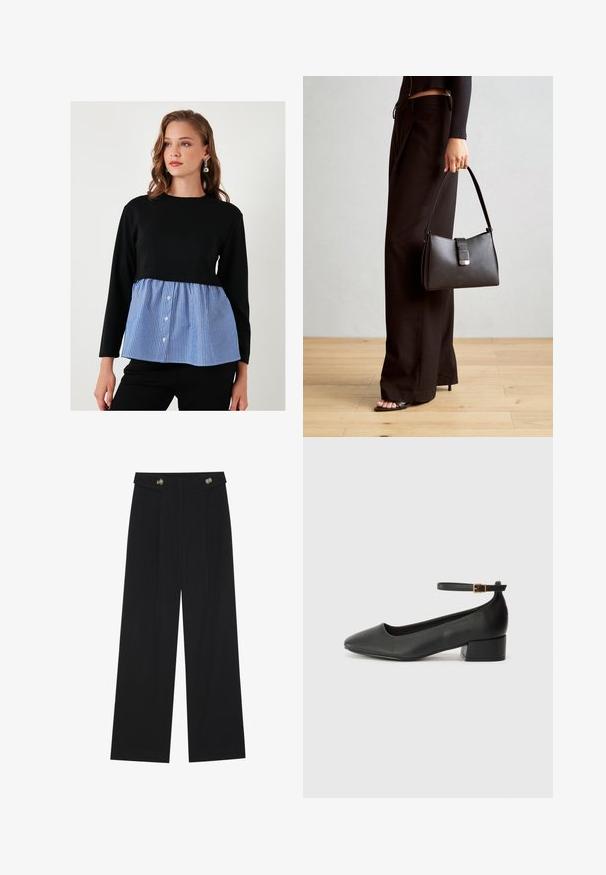 Fekete, hosszú ujjú felső, kék és fehér csíkos peplum résszel, elől gombos díszítéssel. Puha szövettextúra az egész anyagon.; Fekete, bő szárú nadrág magas derékkal, gombos részletekkel a derékrészen és elülső pliszékkal.; Fekete bőr magassarkú cipő hegyes orral és alacsony tömb sarkal. Bokapánttal rendelkezik, aranyszínű csattal. Simább textúra.; Fekete kézi táska strukturált formával, sima textúrával és fémből készült záródással. Széles fekete nadrággal és nyitott orrú szandállal párosítva, fából készült padlón.