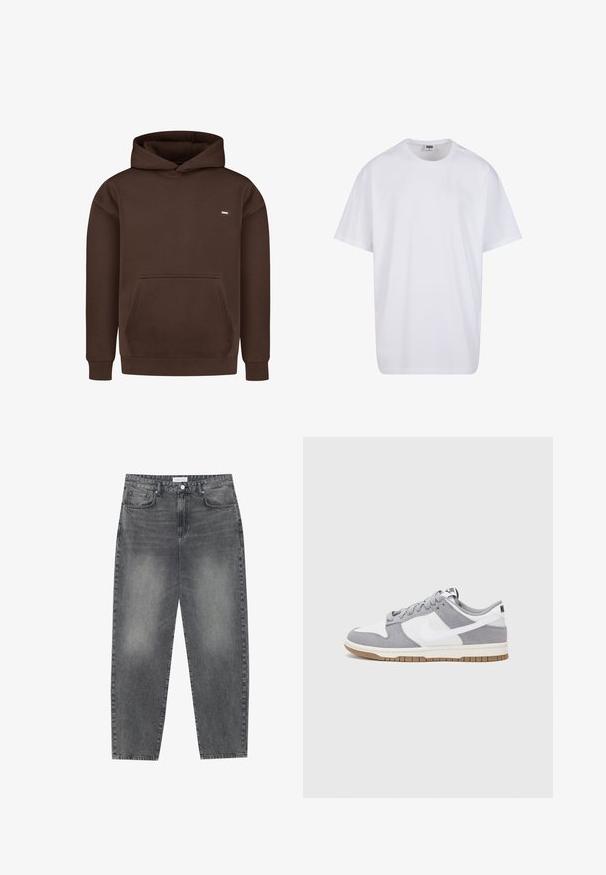 Sudadera marrón de tela suave, con un bolsillo frontal, puños de canalé y capucha con cordón. Pequeño logotipo en el pecho.; Camiseta blanca de algodón con mangas cortas, cuello redondo, corte relajado y sin logotipos ni patrones visibles. Textura suave y diseño minimalista.; Jeans de cintura alta y corte holgado en denim negro desgastado. Con cinco bolsillos, pasadores para el cinturón y un diseño de pierna recta y limpia.; Zapatilla gris y blanca con parte superior de ante y cuero, puntera redondeada, cordones planos y suela de goma con un acento de goma.