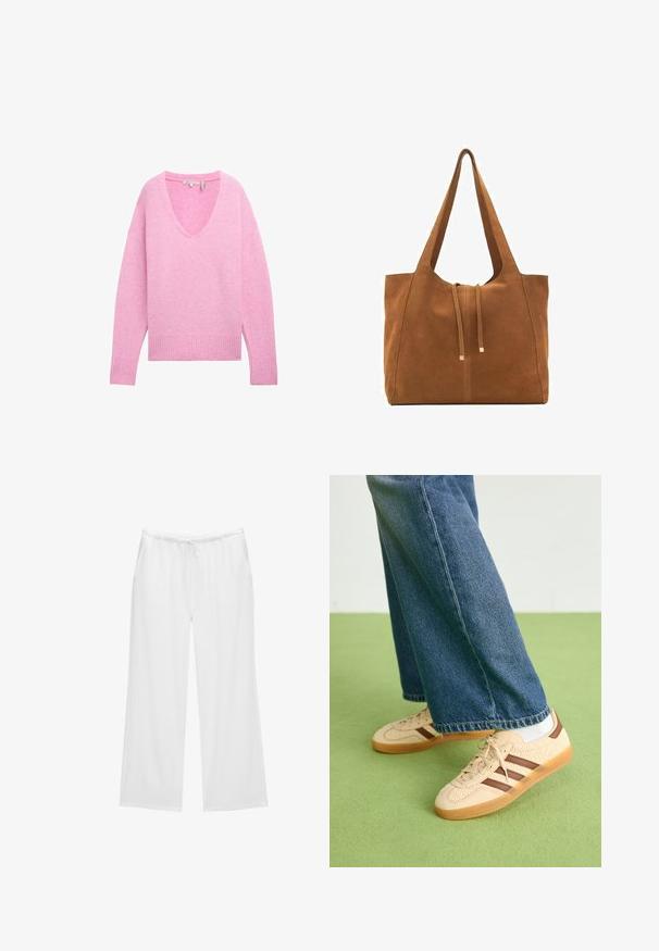 Roze gebreide trui met een V-hals, drop shoulders, geribbelde manchetten en zoom. Zachte textuur en een relaxte pasvorm.; Witte wijde broekspunten gemaakt van zachte stof, met een elastische tailleband en een koord, en twee zijzakken. Eenvoudig en strak ontwerp.; Beige sneakers met gestructureerde crèmekleurige panelen en bruine strepen, gecombineerd met blauwe denim jeans. De jeans hebben een brede pijp en een rafelige zoom.; Bruine suède schoudertas met twee lange hengsels, trekkoordsluiting en minimalistisch ontwerp. Gladde textuur en geen zichtbare hardware-accenten.