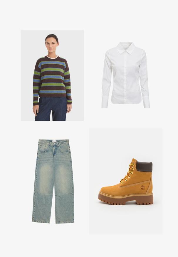 Sweter w paski w ciemnym brązie, zieleni i niebieskim. Okrągły dekolt, długie rękawy i ściągacze. Miękka, teksturowana tkanina. W połączeniu z ciemnoniebieskimi spodniami.; Biała koszula z długim rękawem, z klasycznym kołnierzykiem, zapinana na guziki, wykonana z gładkiego materiału bawełnianego. Minimalistyczny design, bez wzorów i akcentów.; Jasnoniebieskie dżinsy o szerokich nogawkach, wykonane z denimu, z dwoma przednimi kieszeniami, zapięciem na guzik i wyblakłym odcieniem z widocznym szwem.; Karmelowy wodoodporny but za kostkę z solidną gumową podeszwą, okrągłym noskiem, brązowym skórzanym kołnierzem, żółtymi sznurówkami i logo po boku.