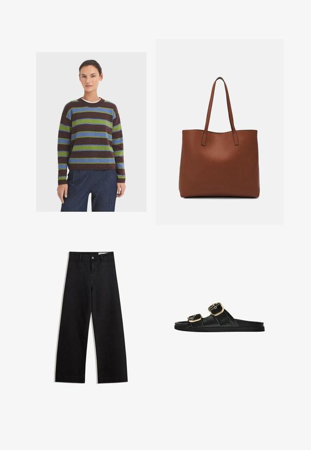 Gestreifter Pullover in Dunkelbraun, Grün und Blau. Rundhalsausschnitt, lange Ärmel und gerippte Bündchen. Weicher, strukturiert Stoff. Kombiniert mit dunkelblauen Hosen.; Schwarze weit geschnittene Jeans mit hoher Taille, ausgestattet mit Vorder- und Hintertaschen, gesteppten Nähten und einem Knopfverschluss. Glatte Textur.; Schwarze Riemensandale mit zwei goldenen Schnallendetails, glattem Material, flachem Sohlen und minimalistischer Gestaltung.; Braune Leder-Tote mit glatter Textur, offenem Oberteil und zwei Schulterriemen. Verfügt über minimale Nähte und keine sichtbaren Beschläge.