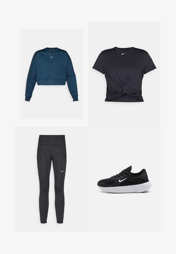 Mornaricno plava skraćena dukserica s okruglim izrezom i dugim rukavima. Ima bijeli Nike logotip na prsima i glatku teksturu.; Crni trenirac s kratkim rukavima izrađen od glatkog materijala, s čvorastim dizajnom sprijeda i malim bijelim Nike logotipom na prsima.; Crne tajice izrađene od rastezljivog materijala, s visokim strukom i bijelim Nike logotipom na lijevom bedru. Glatka tekstura, dizajn koji prati obline.; Crna atletska cipela s mrežastim gornjim dijelom, teksturiranim dizajnom, okruglim vrhom, bijelim gumenenim potplatom i Nike logom sa strane.