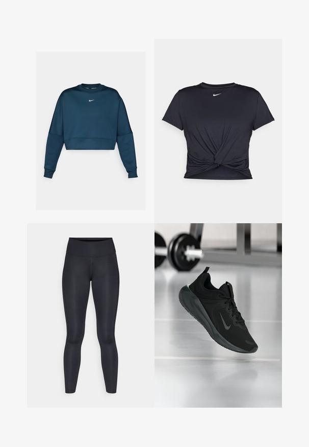 Mornaricno plava skraćena dukserica s okruglim izrezom i dugim rukavima. Ima bijeli Nike logotip na prsima i glatku teksturu.; Crni trenirac s kratkim rukavima izrađen od glatkog materijala, s čvorastim dizajnom sprijeda i malim bijelim Nike logotipom na prsima.; Crne tajice izrađene od glatkog, rastezljivog materijala. Visok struk bez vidljivih uzoraka ili akcenta. Tjesno pristaju od struka do gležnjeva.; Crna sportska tenisica s Nike logotipom, prikazana u zraku na podu teretane, s mutnom stalcem za bučice u pozadini.