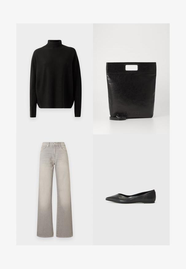 Schwarzer, langärmliger Rollkragenpullover mit lässiger Passform, vor einem schlichten weißen Hintergrund präsentiert.; Graue weit geschnittene Jeans mit einem verblassten Finish, Knopfverschluss, fünf Taschen und gestickten Details entlang der Nähte.; Schwarze Leder-Ballerinas mit spitzem Zehenbereich, niedrigem Absatz und glatter Textur. Minimalistisches Design mit einem dezenten seitlichen Akzent.; Schwarze Leder-Tote-Tasche mit einem quadratischen Griff, ausgestattet mit einer strukturierten Oberfläche und geprägtem Logo. Inklusive abnehmbarem Tragegurt.
