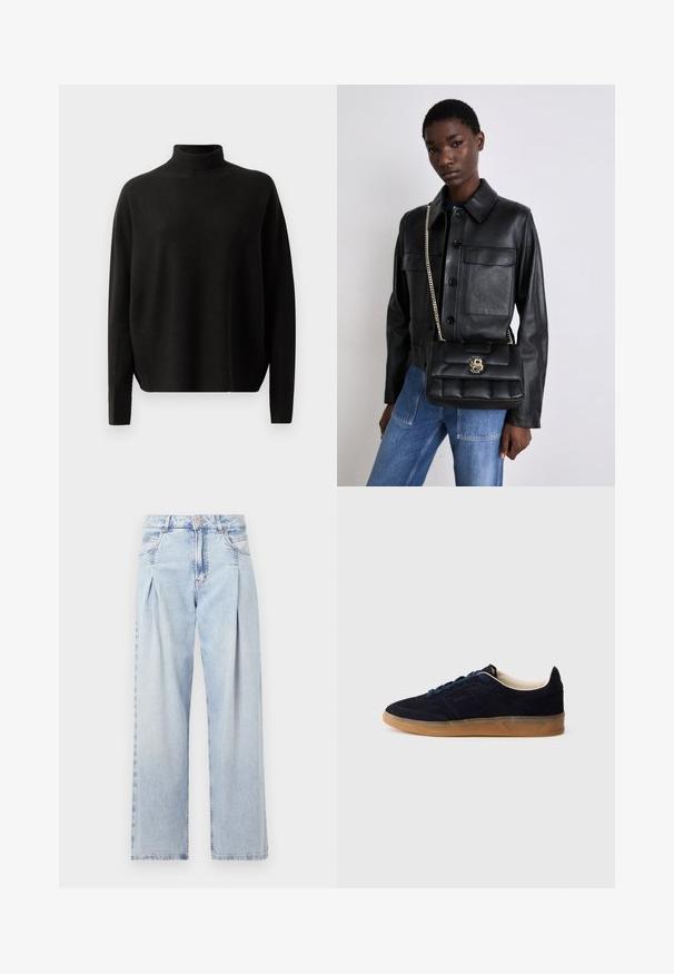 Svart langermet genser med rullekrage og avslappet passform, vist mot en ensfarget hvit bakgrunn.; Lyseblå denimjeans med høy livlinje, vide ben, to sidelommer og plisserte detaljer. Myk tekstur med en falmet finish.; Navy blå semsket sneakers med såle av gummikaramell, blå lisser og minimalistisk design. Har preget logo på siden og glatt innerfôr.; Svart skinnjakke med knappelukking og to frontlommer, sammen med en svart kviltet håndveske med gullspenne og kjedehank.