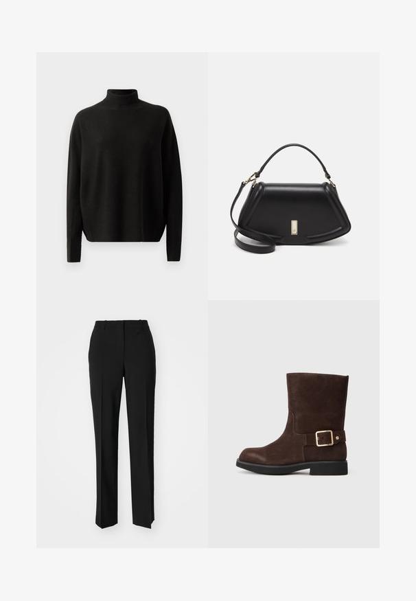 Svart långärmad polotröja med en avslappnad passform, presenterad mot en enkel vit bakgrund.; Svarta skräddarsydda byxor med rak benform, med en slät yta och skarpa veck fram. Ingen synlig hårdvara.; Brun mockasinsknäbboots med rund tå, platt svart sula och guldspänne som accent på sidan. Slät textur och enkel design.; Svart läderhandväska med en strukturerad design, som har en avskuren form, ett handtag upptill och guldiga detaljer. Justerbar axelrem ingår.