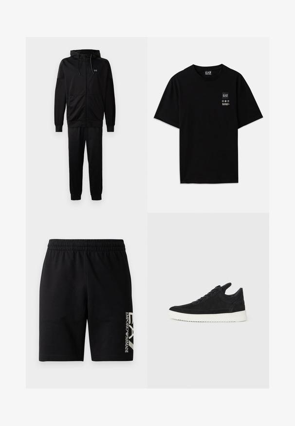 Black sweatshirt made from soft fabric, featuring a crew neckline, long sleeves, and a matte logo print “EA7 Emporio Armani” on the front.; Black cotton t-shirt with short sleeves, a crew neck, and a small logo tag on the front featuring care symbols in white.; EA7 Emporio Armani TRAIN VISIBILITY - Shorts - black/cream; Black suede sneaker with a white rubber sole, featuring tonal stitching and lace-up design. Smooth texture with a modern, streamlined shape.
