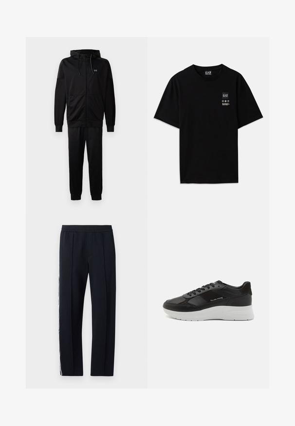 Black sweatshirt made from soft fabric, featuring a crew neckline, long sleeves, and a matte logo print “EA7 Emporio Armani” on the front.; Black cotton t-shirt with short sleeves, a crew neck, and a small logo tag on the front featuring care symbols in white.; Black, tapered trousers with an elastic waistband, featuring two side pockets and a white stripe running down the outer leg. Smooth texture.; Black leather sneaker with suede accents, round toe, white rubber sole, and stitched detailing. Logo printed on the side. Classic lace-up design.
