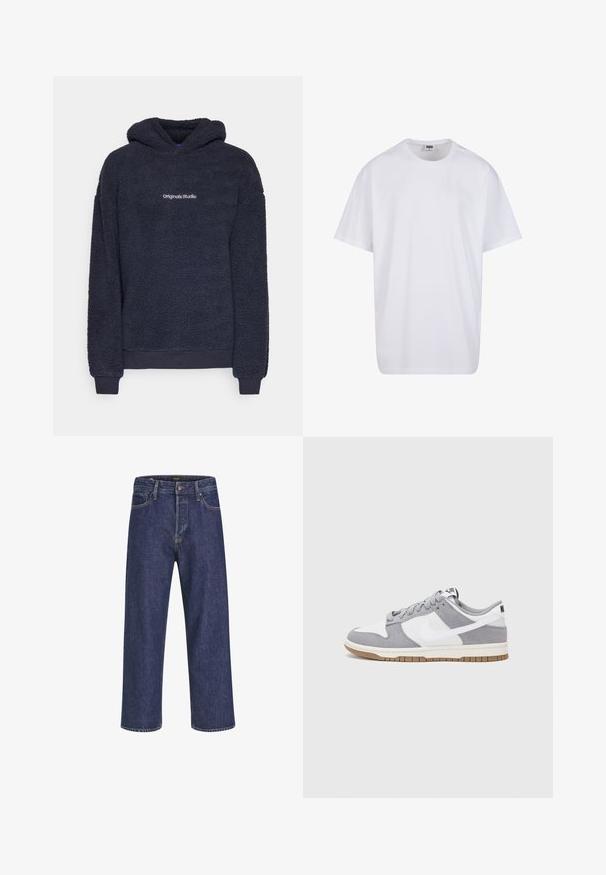 Dark navy blue fleece hoodie with long sleeves, ribbed cuffs and hem, and "Originals Studio" text centered on the chest.; White cotton t-shirt with short sleeves, rounded neckline, relaxed fit, and no visible logos or patterns. Smooth texture and minimal design.; Dark blue denim jeans with a straight cut, five-pocket design, metal button closure, and contrasting stitching, featuring a subtle texture.; Gray and white sneaker with a suede and leather upper, rounded toe, flat laces, and a rubber sole featuring a gum accent.