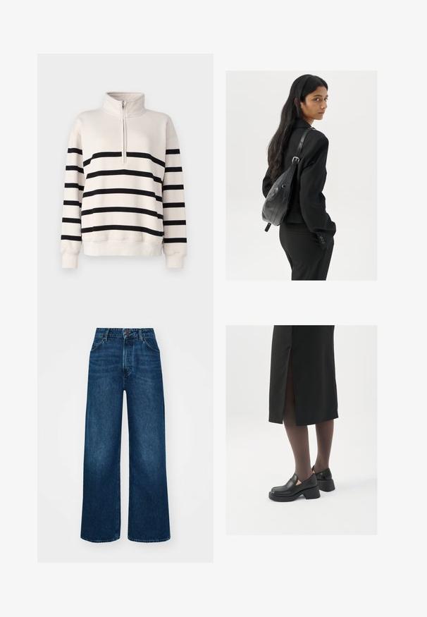 Abercrombie & Fitch VINTAGE SUNDAY - Sportinis megztinis - white; Aukšto liemens, platėjantys džinsai tamsiai mėlynos džinsinės medžiagos su lygia tekstūra, kontrastingomis siūlėmis ir penkių kišenių dizainu. Priekinis mygtukų užsegimas.; Juodos odinės bateliai su apvaliu nosiu, stora blokine pakulne ir elastingais šonais, derinami su tamsiomis pėdkelnėmis ir juoda sijonu su plyšiu.; Moteris su ilgais tamsiais plaukais, vilkinti juodą kostiumą, nešanti juodą odinę rankinę per petį, žvelgia per petį prieš balto fono.; Sidabrinės pusmėnulio auskarai minimalistiniu dizainu. Apskritimo forma, lygus paviršius ir plonas profilis. Lengvi su poliruotu apdailu.