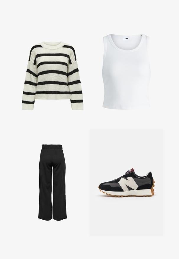 Suéter de punto con cuello redondo, con franjas horizontales alternas en negro y crema. Tejido texturizado, con mangas largas y un corte cropped.; Top de tirantes blanco con canalé, con un cuello redondo, diseño sin mangas y largo corto. La etiqueta dice "JJXX". Textura de tela suave.; Pantalones negros de pierna ancha con cintura elástica, fabricados en un tejido suave. Presentan un diseño limpio sin bolsillos ni detalles de costura visibles.; Zapatillas de ante negras y grises con un gran logo "N" en color crema, cordones morados y una suela de goma texturizada en color marrón.