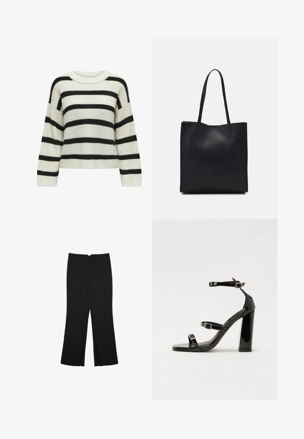 Sweter dzianinowy z okrągłym dekoltem, z naprzemiennymi czarnymi i kremowymi poziomymi paskami. Teksturowana tkanina z długimi rękawami i skróconym krojem.; Czarne spodnie o prostym kroju, z przednimi kieszeniami i bocznymi rozcięciami na dole. Wykonane z miękkiego, gładkiego materiału. Odpowiednie na różne okazje.; Czarne lakierowane sandały na obcasie z kwadratowym noskiem, z paskami wokół kostki i srebrnymi klamrami. Posiadają masywny słupek dla stabilności.; Czarna skórzana torba tote o gładkiej fakturze, prostokątnym kształcie i dwóch długich uchwytach. Brak widocznych elementów metalowych i ozdób.