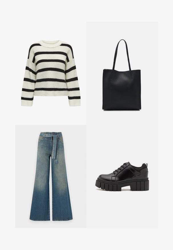 Knit sweater with a crew neck, featuring alternating black and cream horizontal stripes. Textured fabric with long sleeves and a cropped fit.; Wide-leg denim trousers featuring a light to dark blue gradient, high waist, belt loops, and a matching fabric belt. Textured denim finish.; Black leather platform shoes with a chunky block heel, round toe, and traditional lace-up design. Features smooth texture and minimal detailing.; Black leather tote bag with smooth texture, rectangular shape, and two long handles. No visible hardware or embellishments.
