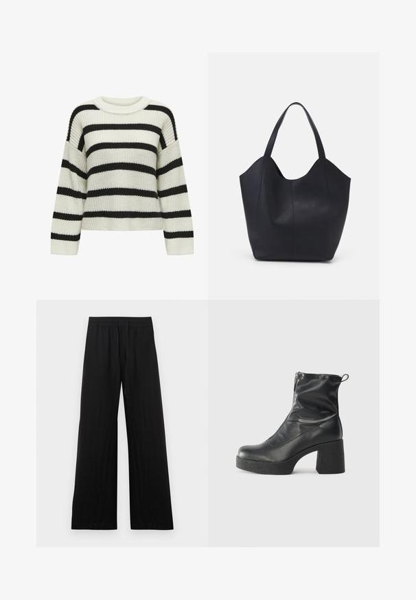 Knit sweater with a crew neck, featuring alternating black and cream horizontal stripes. Textured fabric with long sleeves and a cropped fit.; Black wide-leg pants made from cotton fabric. Features an elastic waistband and a smooth, textured finish. No visible patterns or accents.; Black ankle boots made of smooth leather, featuring a side zipper, chunky textured heel, and rounded toe design.; Black tote bag made of smooth leather, featuring a curved, open top with two shoulder straps and a minimalist design.