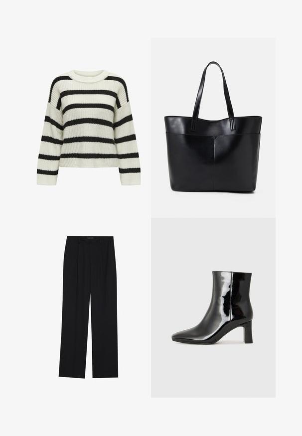 Knit sweater with a crew neck, featuring alternating black and cream horizontal stripes. Textured fabric with long sleeves and a cropped fit.; Black trousers with a straight-leg design, featuring two front pockets and a waistband. Made from a smooth, lightweight fabric.; Black patent leather ankle boot with a pointed toe and a mid-height block heel. Smooth texture and minimalist design.; Black leather tote bag with two long handles, a smooth texture, and a structured shape. Features a front pocket for additional storage.