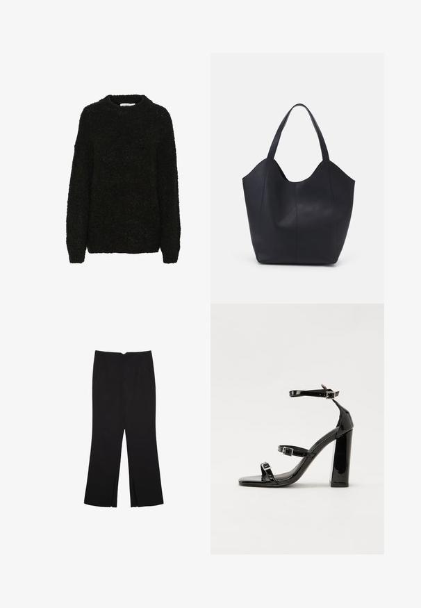 Crni, teksturirani pulover s okruglim izrezom i dugim rukavima. Mekani, plišasti materijal s ležernim krojem, prikladan za svakodnevno nošenje.; Crne hlače ravnog kroja, s prednjim džepovima i bočnim prorezima na rubu. Izrađene od mekog i glatkog materijala. Pogodne za razne prigode.; Crne lakirane sandale na pete sa kvadratnim nosom, trakama oko gležnja i srebrnim kopčama. Imaju čvrst blok petu za stabilnost.; Crna torba od glatke kože, s zakrivljenim otvorenim vrhom, dva remena za rame i minimalističkim dizajnom.