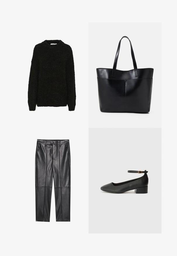 Zwarte, gestructureerde trui met een ronde halslijn en lange mouwen. Zacht, pluizig materiaal met een ruime pasvorm, geschikt voor casual draag.; Zwarte leren broeken met een gladde textuur, voorzien van een rechte pasvorm, twee voorzakken en zichtbare naaddetail.; Zwarte leren pump met een spitse neus en een lage blokhak. Beschikt over een enkelband met een goudkleurige gespsluiting. Gladde textuur.; Zwarte leren tote bag met twee lange handvatten, een zachte textuur en een gestructureerde vorm. Voorzien van een voorvak voor extra opslagruimte.